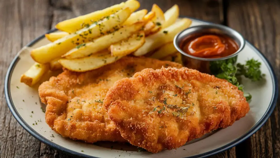 Zwei panierte Schnitzel mit Pommes frites und einem kleinen Schälchen Ketchup auf einem weißen Teller.