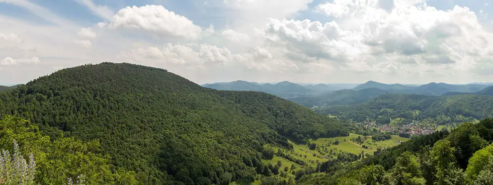 Blick über bewaldete Hügel und ein Tal mit einer kleinen Ortschaft im Pfälzer Wald unter bewölktem Himmel.