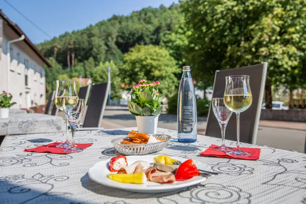 Gedeckter Tisch mit Gläsern, Mineralwasserflasche, Vorspeisenteller und Blumentopf vor bewaldetem Hügel.